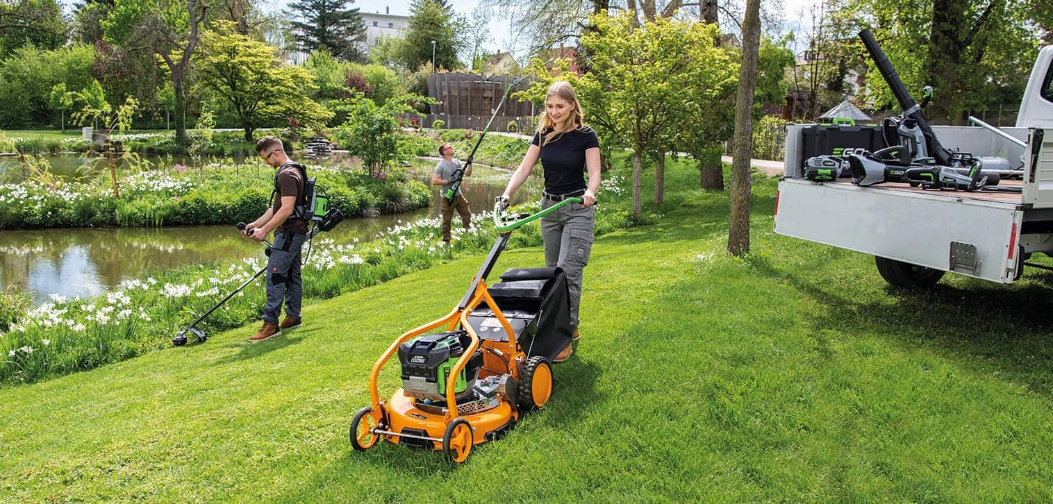 AS-Motor Electric product line-up showcasing electric push mowers powered by ego-powerhead engines